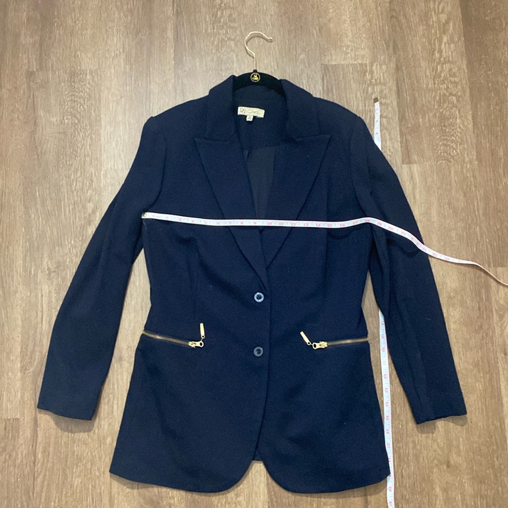 Dg2 Diane Gilman navy blue stretchy button suit jacket with gold zippers medium